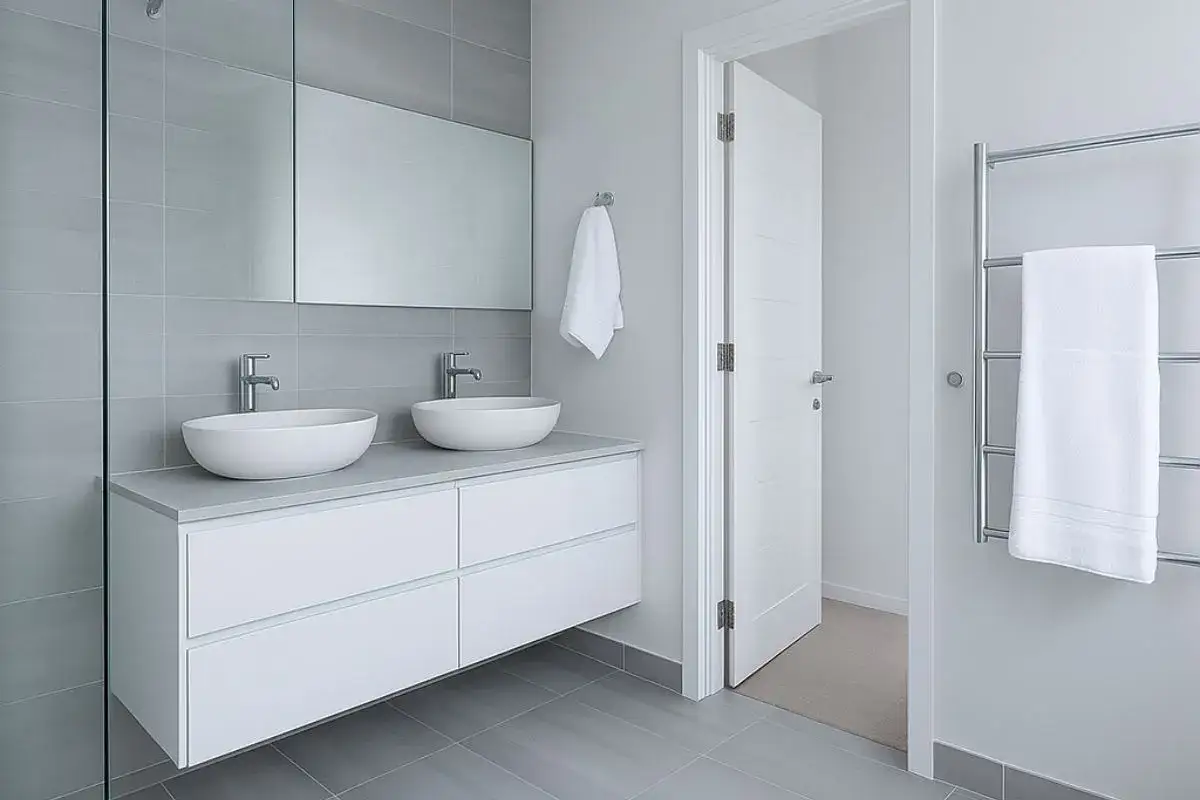 Modernos lavabos dobles sobre mueble blanco, espejo grande y azulejos grises. ¡Ideas para reformas de baños elegantes y funcionales!
