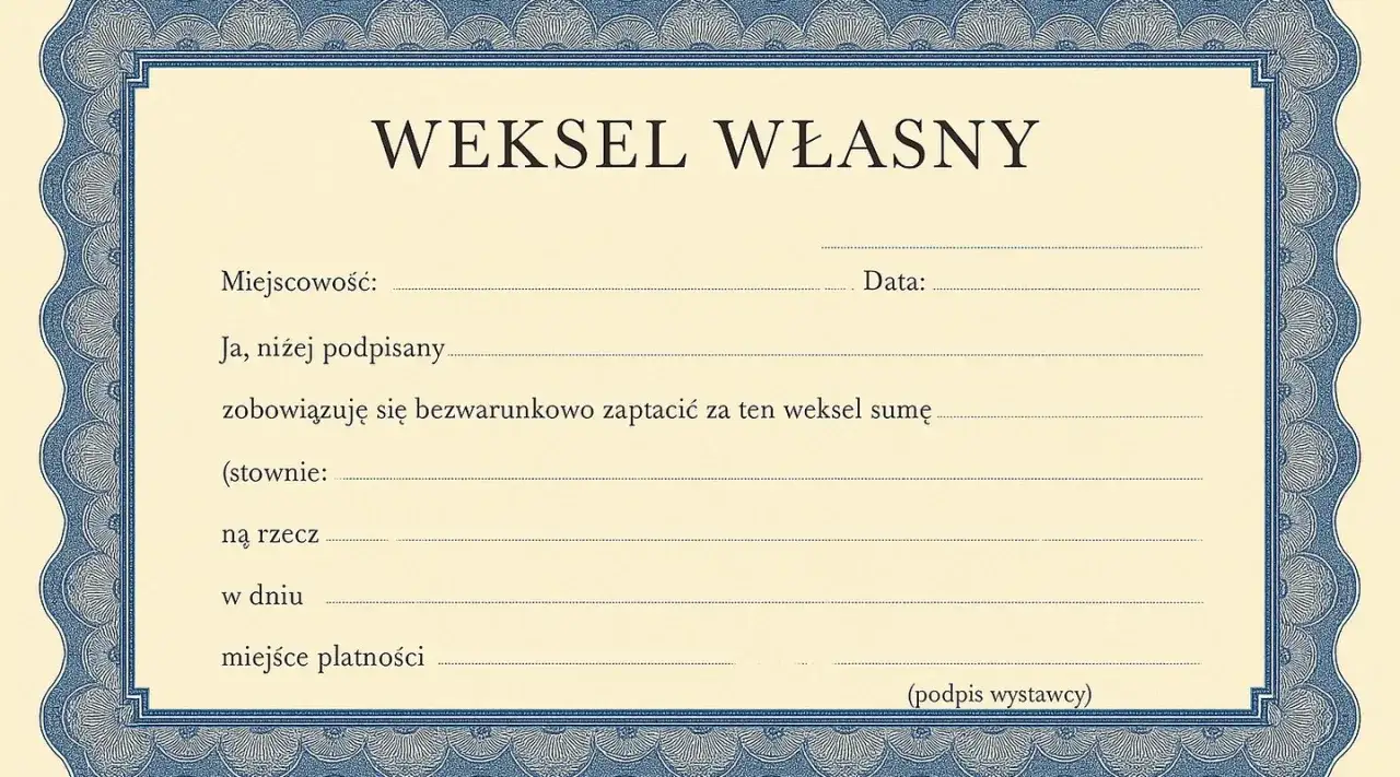 Formularz weksla własnego z polami do wypełnienia: miejscowość, data, kwota, odbiorca i podpis.