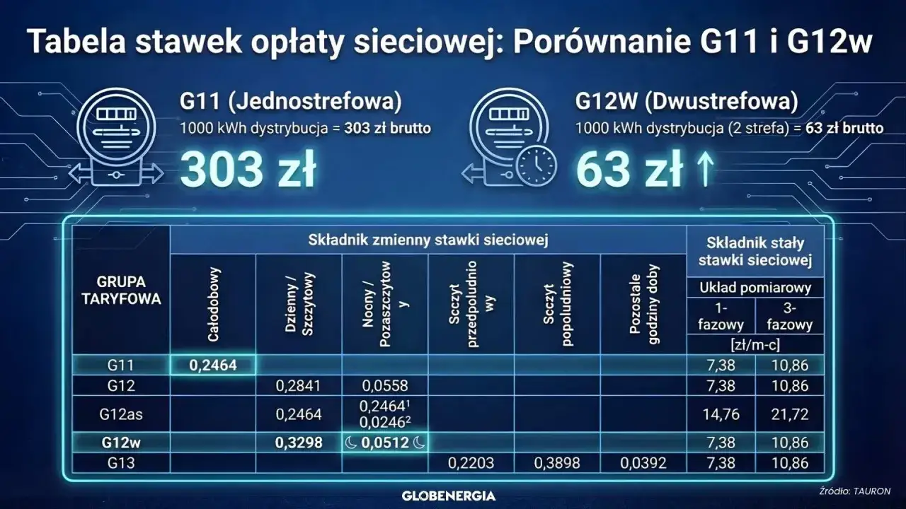 Porównanie taryfy G11 i G12w: G12w jest tańsza, kosztuje 63 zł za 1000 kWh, podczas gdy G11 to 303 zł.