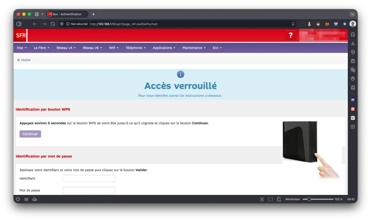 Accès verrouillé. Pour identifier votre Box, appuyez sur le bouton WPS jusqu'à ce qu'il clignote. Une image montre un doigt appuyant sur le bouton WPS.