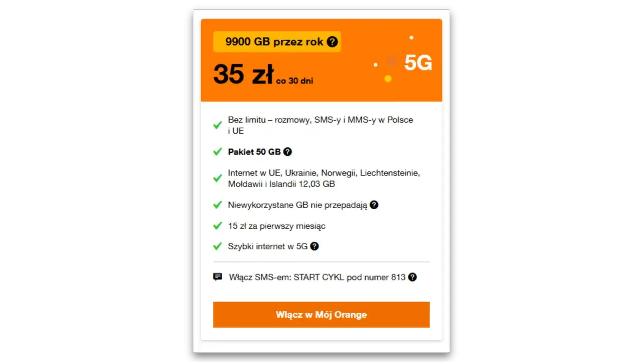 Oferta Orange Free na kartę: 9900 GB na rok, rozmowy i SMS bez limitu, 50 GB w roamingu za 35 zł/30 dni.