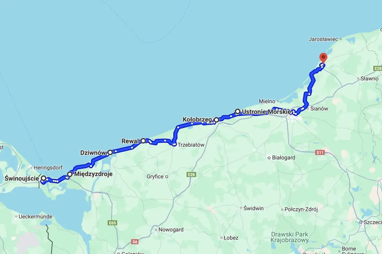 Trasa motocyklowa dookoła Polski wzdłuż wybrzeża Bałtyku, od Świnoujścia przez Rewal, Kołobrzeg, aż po Jarosławiec.