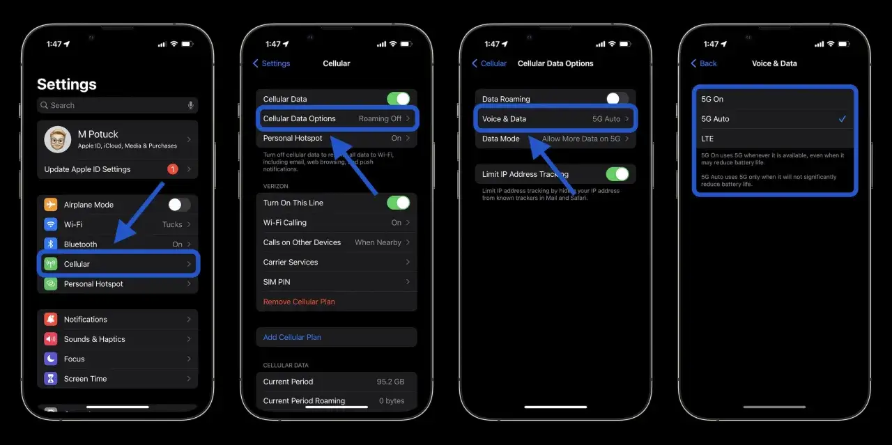 Paramètres de l'iPhone : activer 5G Auto pour une connexion rapide et optimisée.