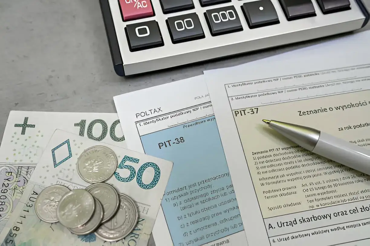 Zestawienie dokumentów podatkowych PIT-37 i PIT-38, pieniądze i kalkulator. Czas na rozliczenie zaliczki na podatek dochodowy.