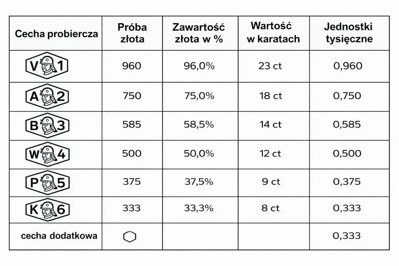 Tabela z próbami złota, zawartością w %, wartością w karatach i jednostkami tysięcznymi.