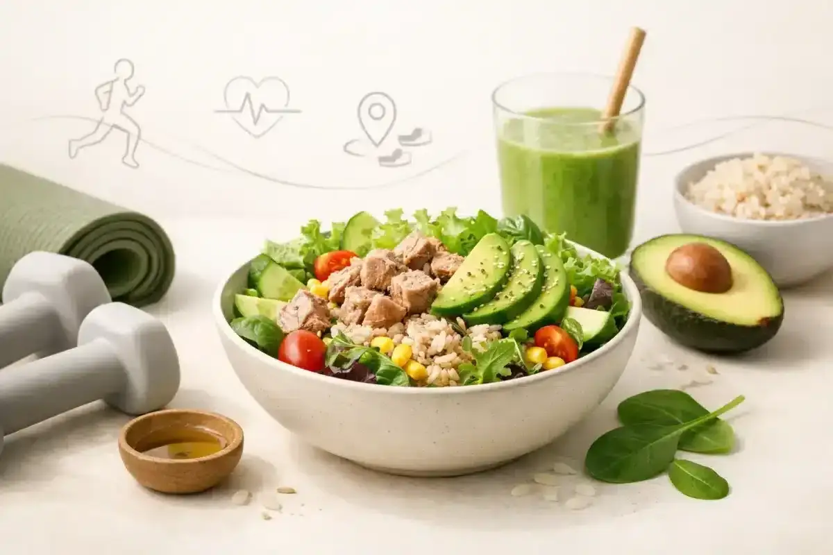 Zdrowa sałatka z tuńczykiem i ryżem, pełna warzyw, awokado i zielonego smoothie. Idealna po treningu!