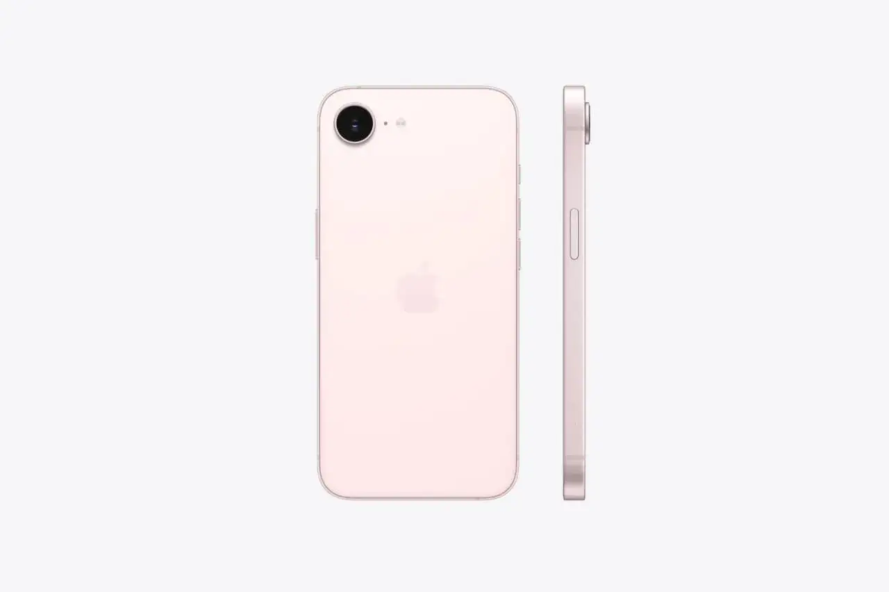 Le dernier iPhone sorti, couleur rose pâle, vu de dos et de profil. Design épuré et logo Apple discret.