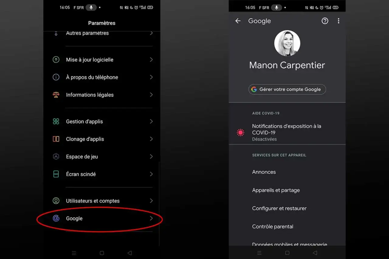 Paramètres du téléphone, avec une section dédiée aux paramètres des applis Google. L'écran de droite montre le compte Google de Manon Carpentier.