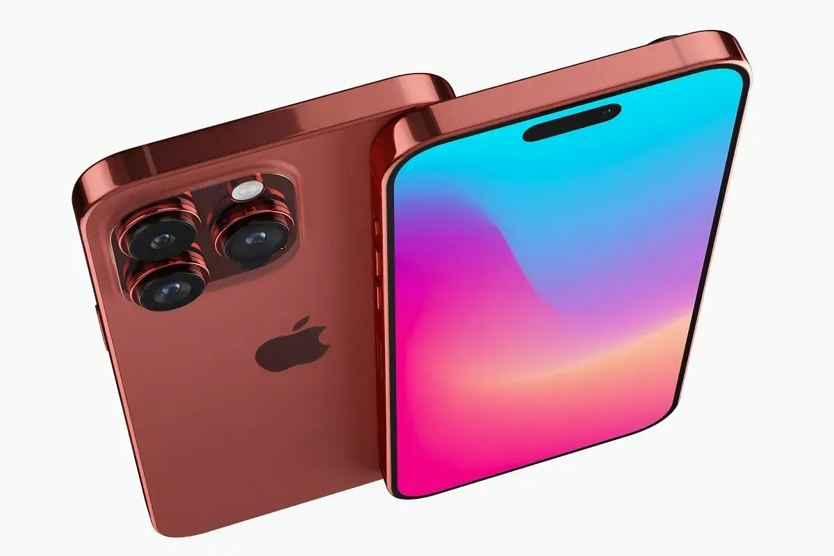 Un aperçu du design de l'iPhone 15, avec son dos rouge cuivré et son écran aux couleurs vives.