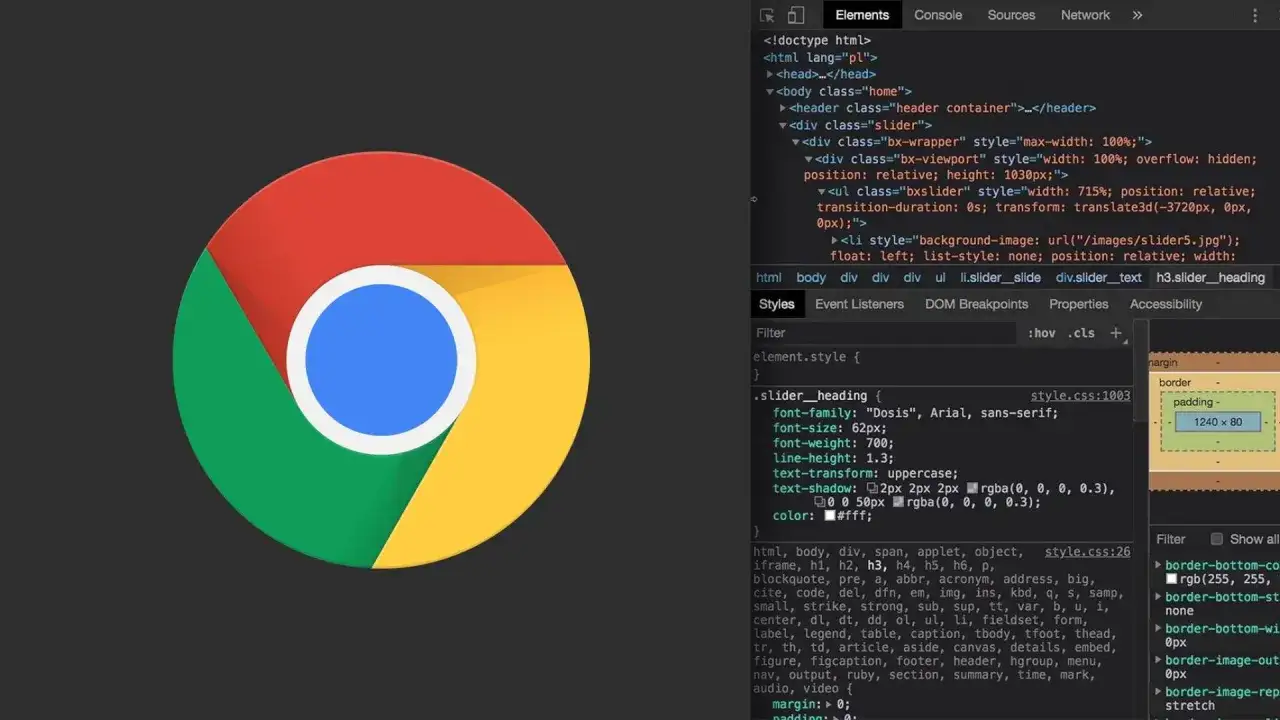 Logo Chrome i otwarte narzędzia deweloperskie w przeglądarce, pokazujące kod HTML i CSS.