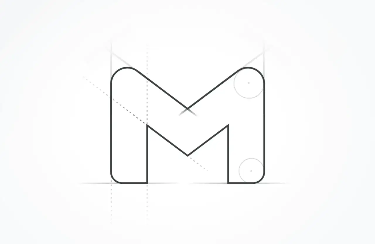 Nowa ikona Google, litera M, z pomocniczymi liniami i okręgami, sugerująca proces projektowania.