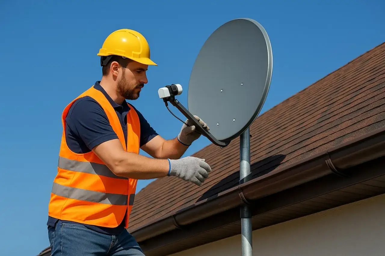 Instalator w kamizelce odblaskowej i kasku ustawia antenę satelitarną na dachu.