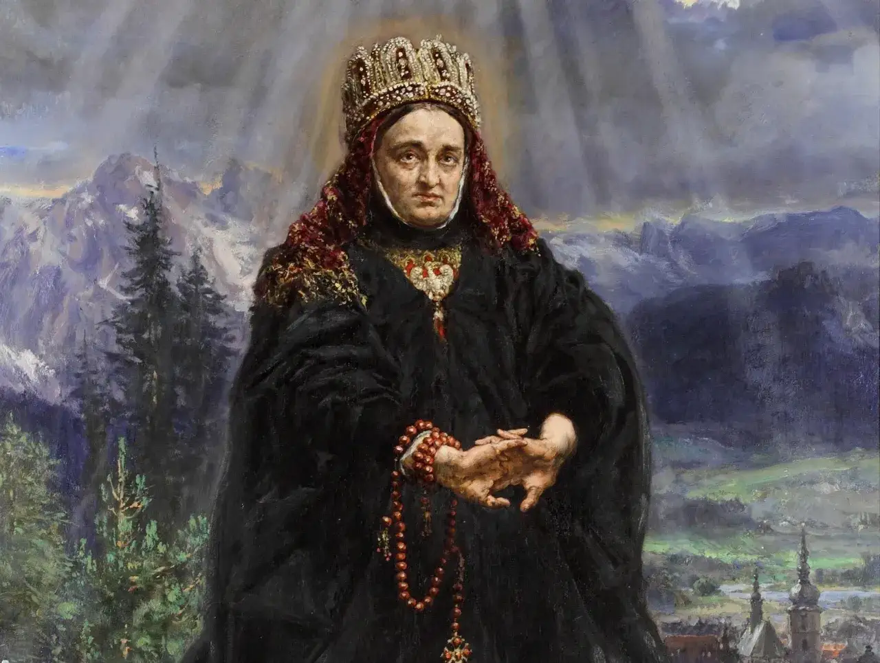 Królowa w koronie i czarnej szacie, z różańcem w dłoniach, na tle górskiego krajobrazu. Obraz nawiązuje do litanii do św. Kingi.