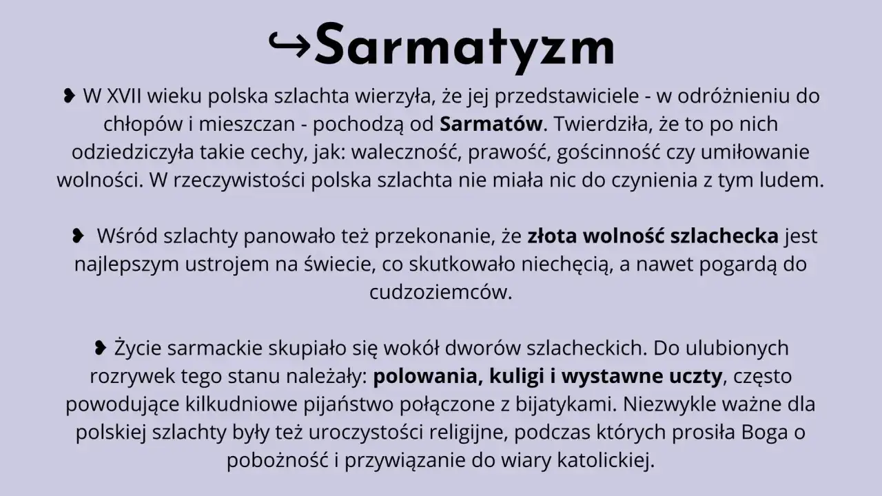 Strzałka i tekst "Sarmatyzm" na jasnoszarym tle.