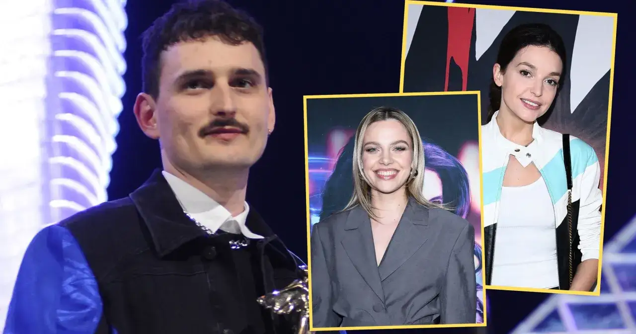 Dawid Podsiadło z nagrodą, obok niego zdjęcia kobiety w szarym garniturze i kobiety w kurtce.