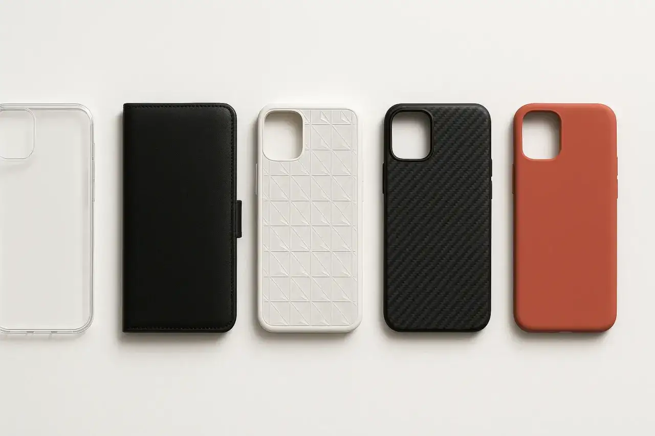 Coque TPU, c'est quoi ? Cinq coques de téléphone : transparente, noire portefeuille, blanche texturée, noire carbone, et orange.
