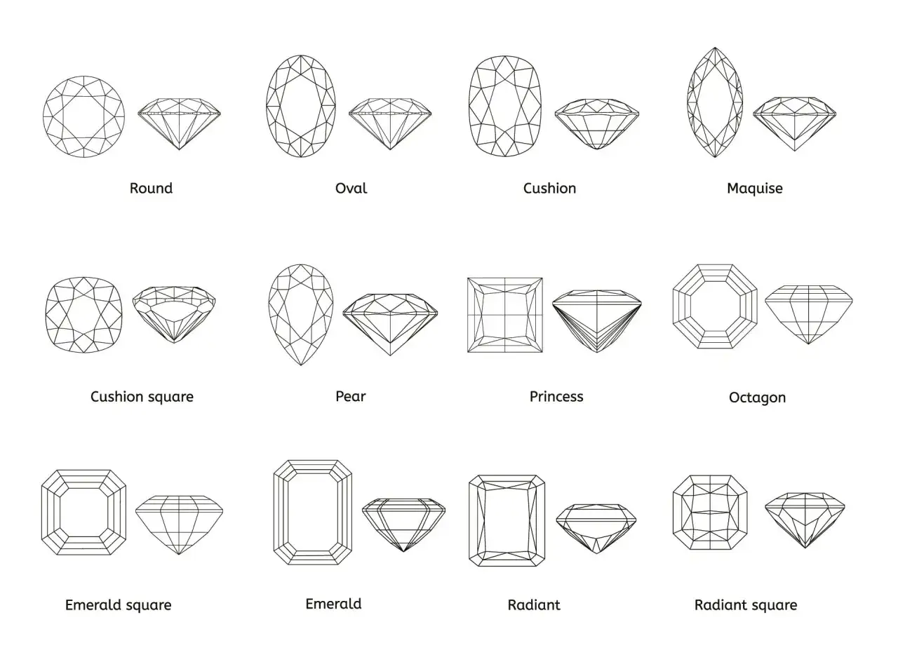 Übersicht verschiedener Diamanten Arten: Round, Oval, Cushion, Maquise, Pear, Princess, Octagon, Emerald, Radiant.