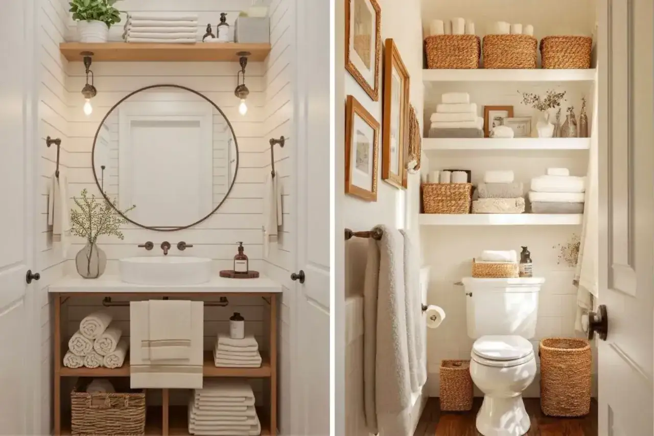 Dos baños reformados con estilo rústico. Uno con lavabo sobre mueble de madera y espejo redondo. El otro con estanterías llenas de toallas y cestas.