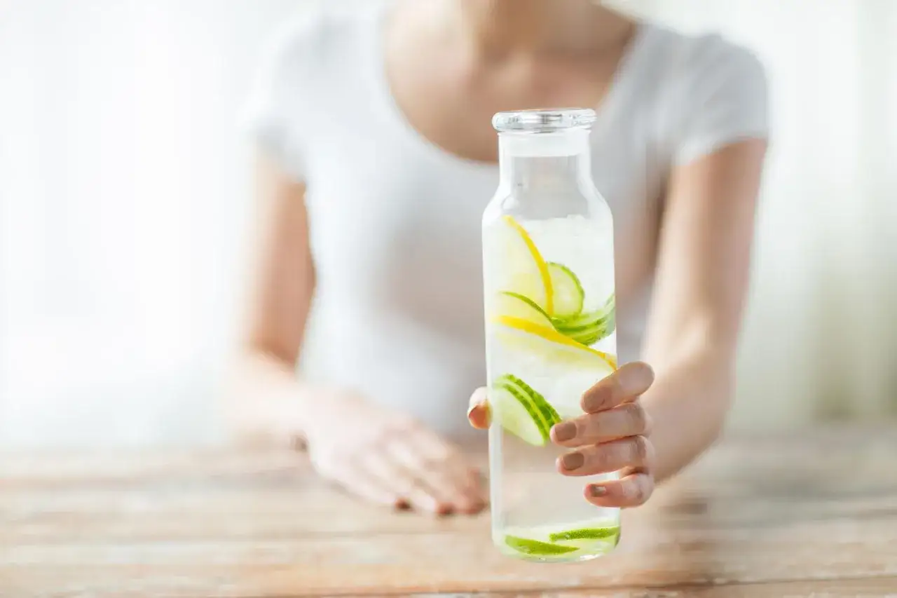 Erfrischendes Wasser mit Zitrone und Gurke für einen gesunden Detox Day.