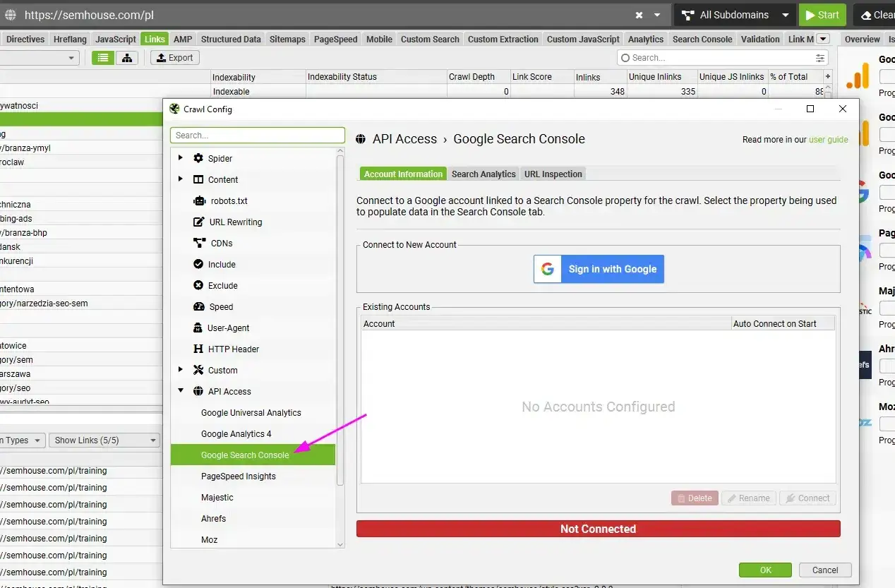 Panel boczny narzędzia SEO z opcją "Google Search Console" i ikoną przypominającą screaming frog seo spider.