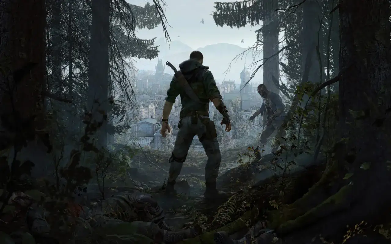 Gracz w Dying Light przygotowuje się do walki z zombie, miasto w tle. Czas gry toczy się dalej.