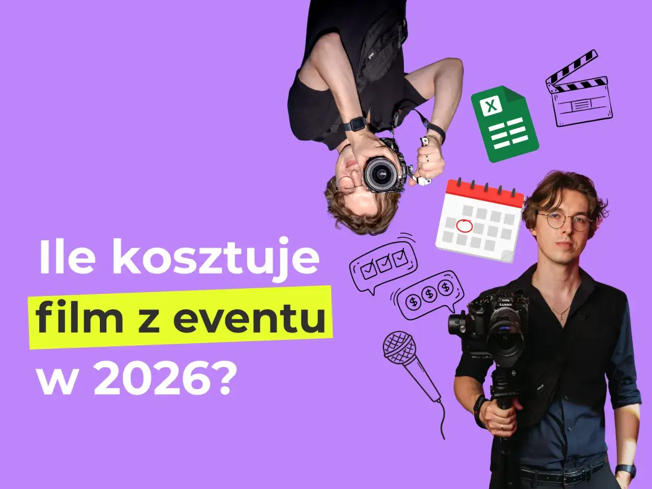 Strona dla fotografa: młody mężczyzna z kamerą, ikony kalendarza, mikrofonu, arkusza kalkulacyjnego i klapsa filmowego.