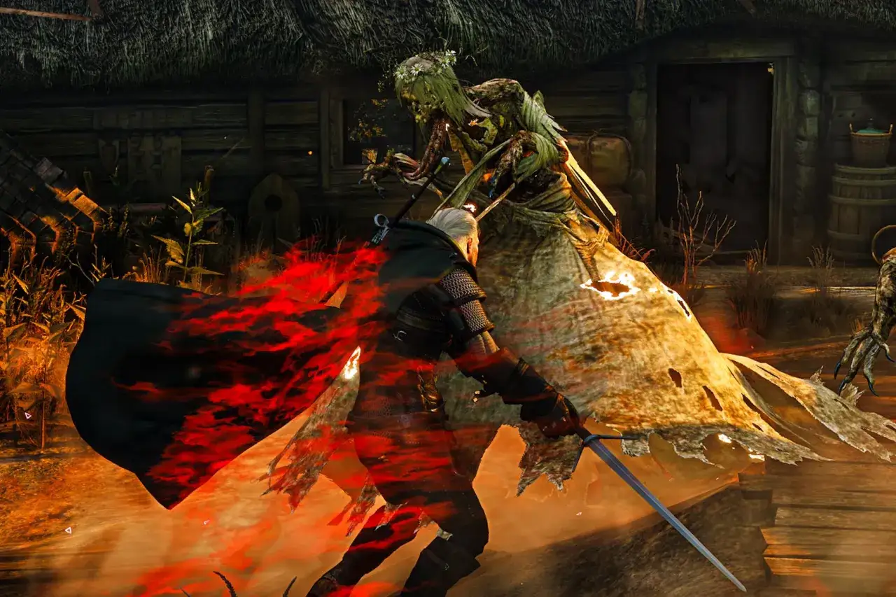 Geralt walczy z upiorem w płomieniach, to trudne zadanie poboczne.
