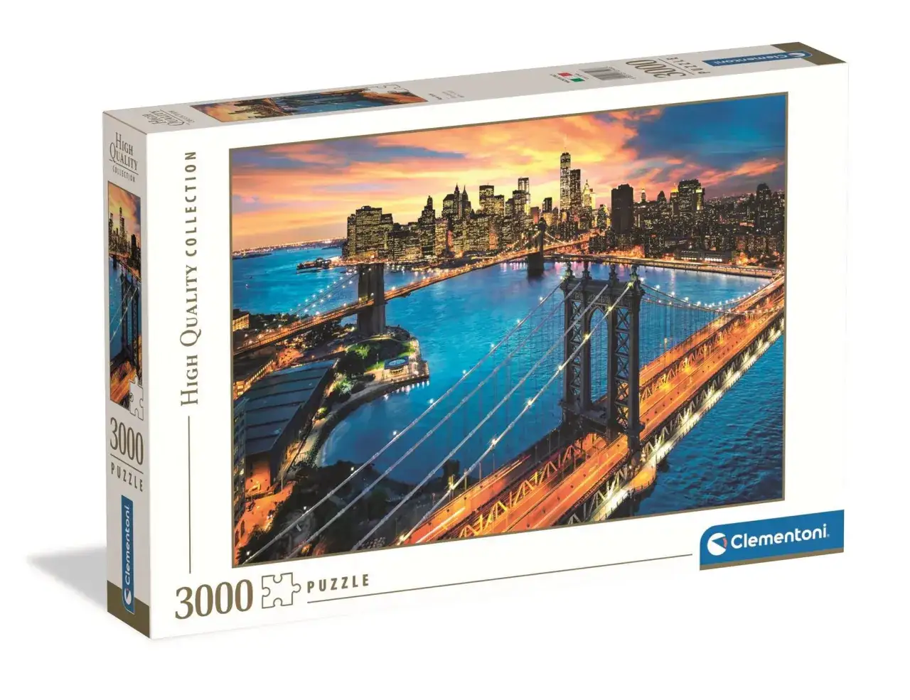 Puzzle 3000 wymiary: nocny widok Manhattanu z mostami i drapaczami chmur w zachodzącym słońcu.