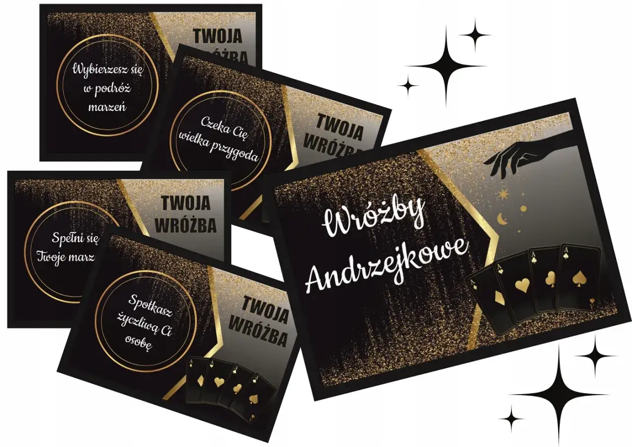 Złote karty i błyszczące napisy zapowiadają magiczne gry na andrzejki: "Wybierzesz się w podróż marzeń", "Czeka Cię wielka przygoda", "Spełni się Twoje marz", "Spotkasz życzliwą Ci osobę".