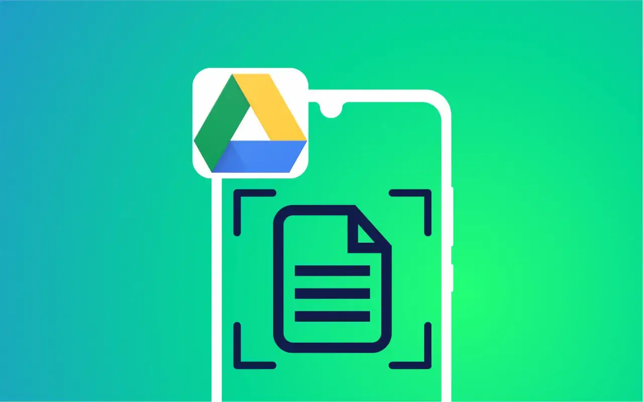 Icône du **google drive scanner** sur un fond dégradé vert. Le logo Google Drive flotte au-dessus d'une icône de document dans un cadre de numérisation.
