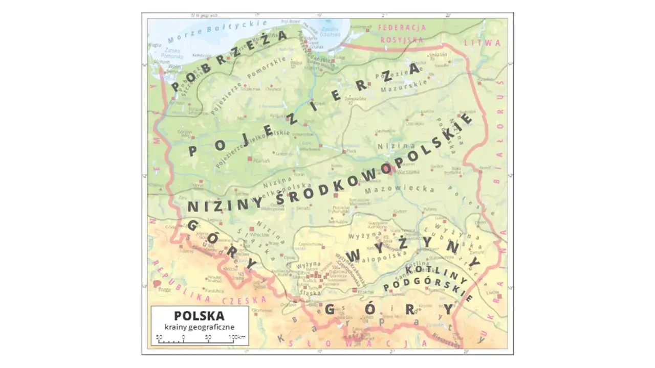 Mapa Polski z zaznaczonymi krainami geograficznymi. Gdzie są Karpaty i Sudety? Na południu kraju, wzdłuż granicy z Czechami i Słowacją.