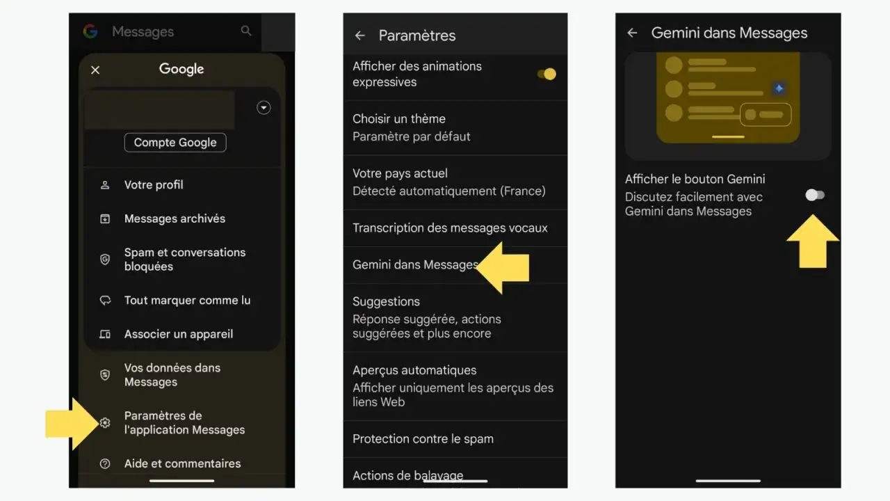Pour désactiver Gemini dans Messages, accédez aux paramètres de l'application, puis à "Gemini dans Messages" et désactivez le bouton.