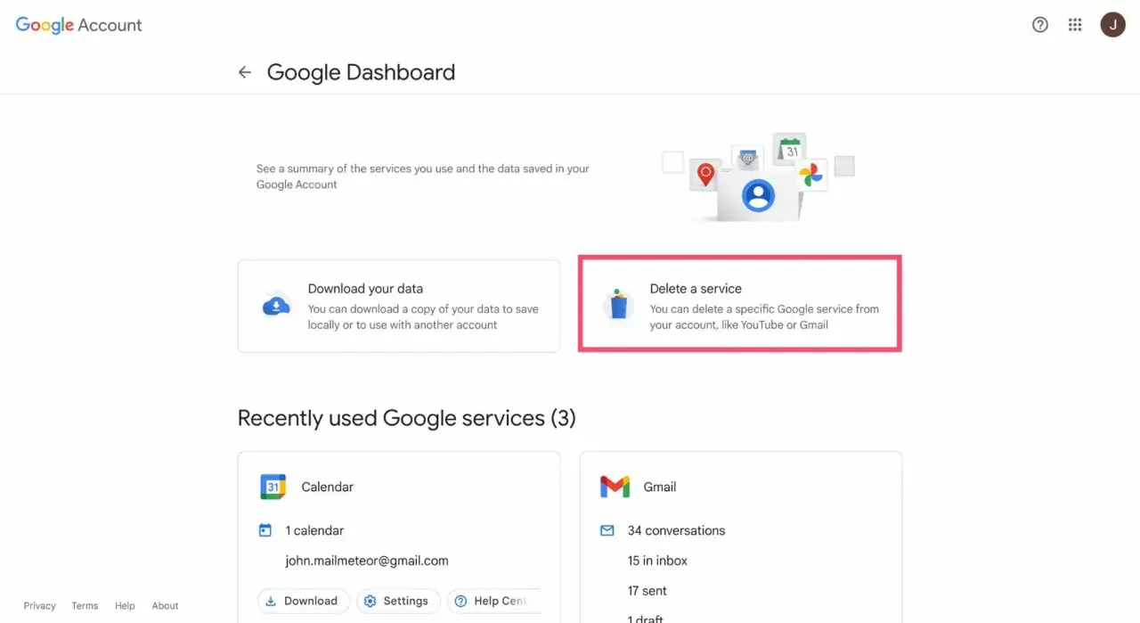 Tableau de bord Google : option pour supprimer un service, comme Gmail.