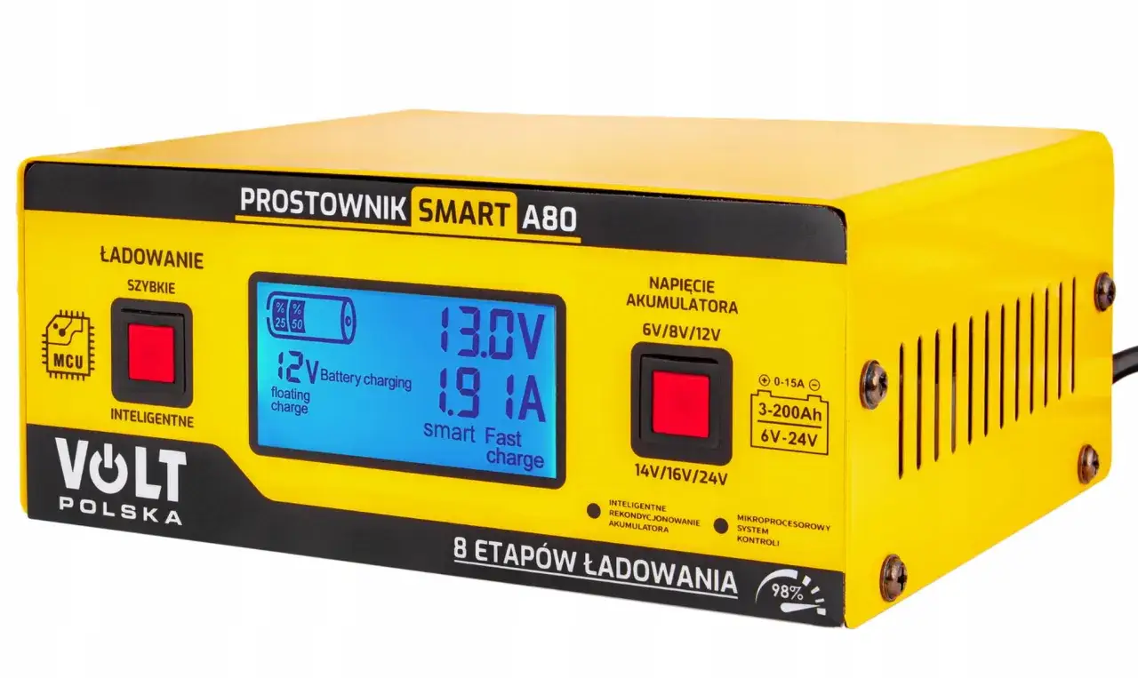 Żółty prostownik samochodowy Volt Polska SMART A80 z wyświetlaczem pokazującym 13.0V i 1.9A.