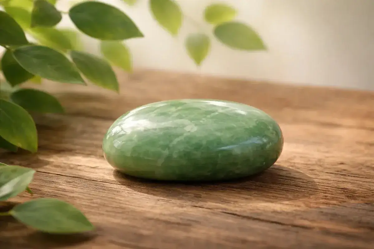 Ein glatter, grüner Jade-Stein liegt auf Holz. Seine Bedeutung liegt in Harmonie und Heilung.
