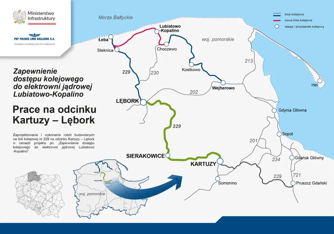 Mapa kolejowa Pomorza: linia Lębork-Łeba ma ok. 15 km. Pokazuje prace na odcinku Kartuzy-Lębork.