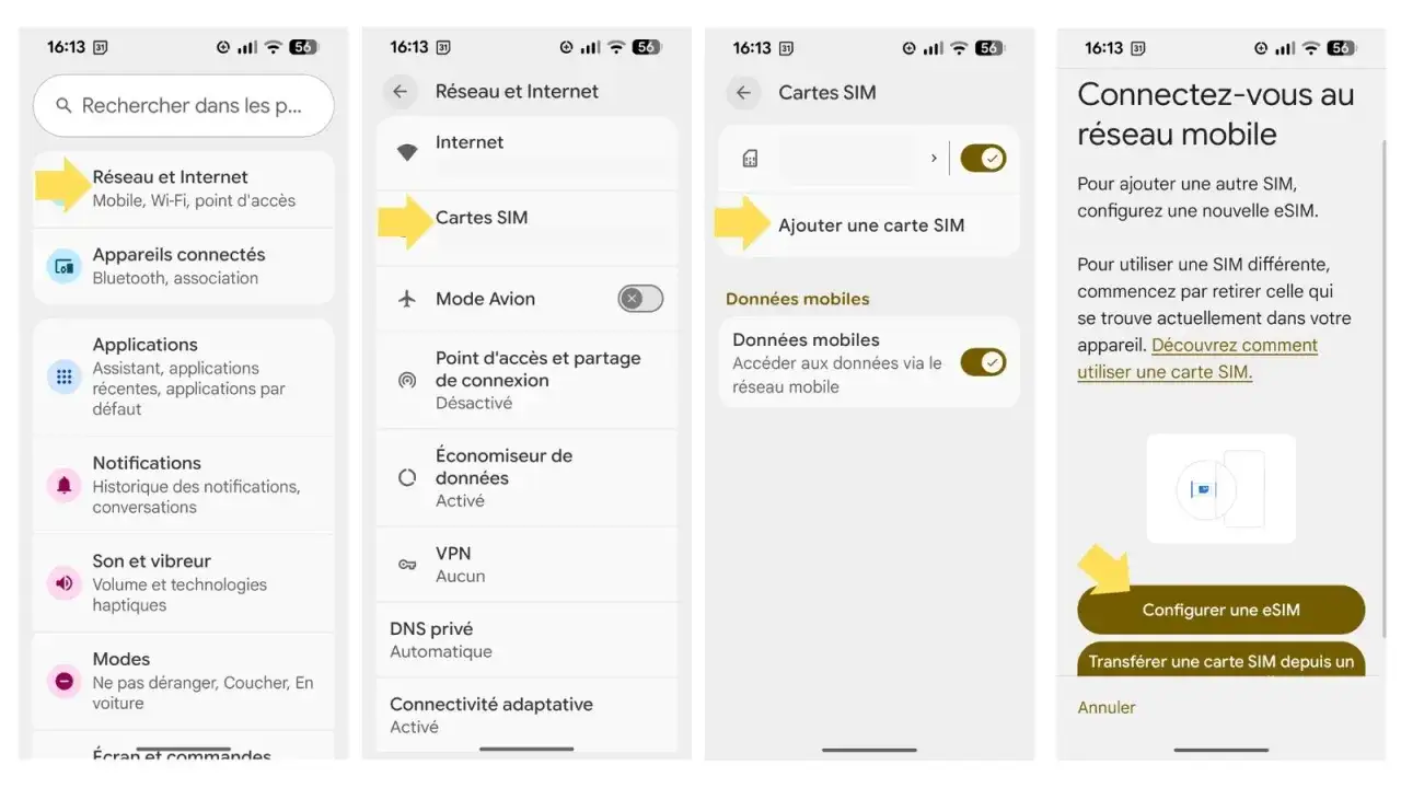 Configuration d'une eSIM sur votre téléphone. L'image montre les étapes pour ajouter une nouvelle carte SIM ou configurer une eSIM.