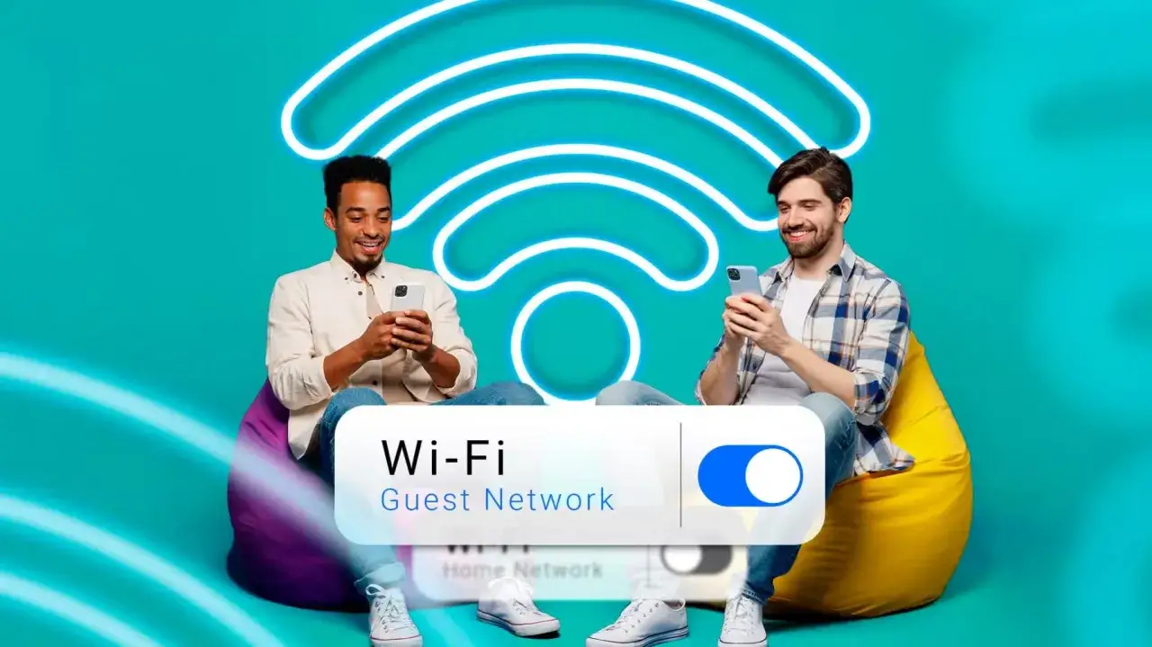 Deux hommes souriants sur des poufs, utilisant leurs téléphones. Un grand symbole Wi-Fi lumineux et un interrupteur "Wi-Fi Guest Network" sont visibles.