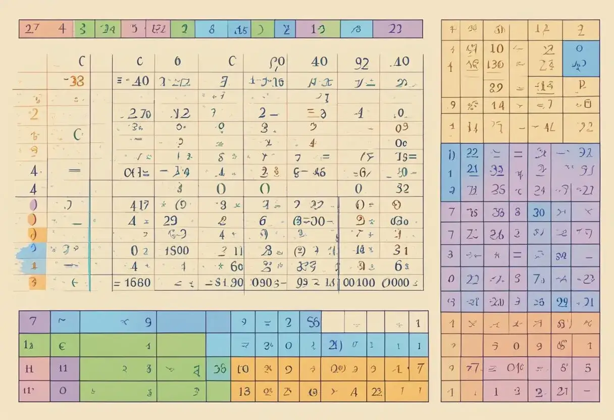 Fragmenty tabel z liczbami i symbolami matematycznymi.