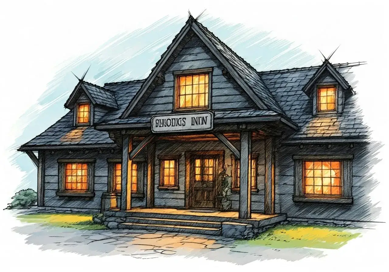 Ilustracja karczmy "SHOOOKS INN" z zapalonymi oknami.