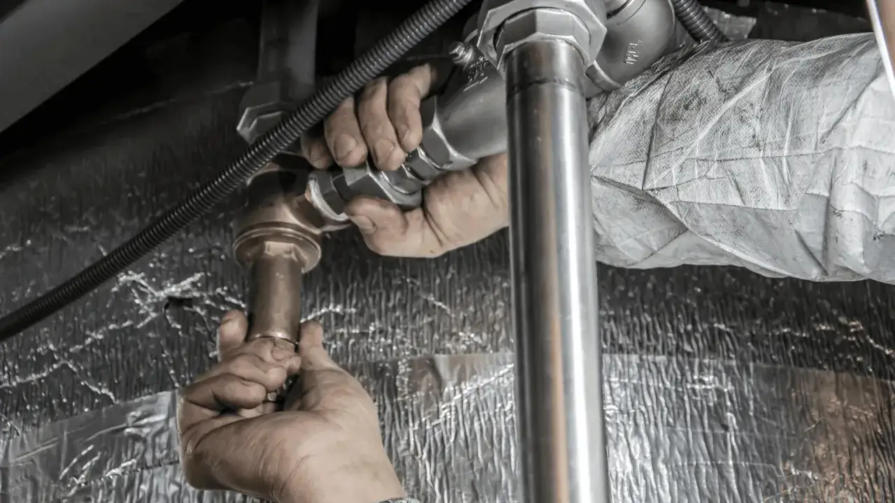 Dłonie hydraulika pracują nad połączeniem rur. Zastanawiasz się, czym rozpuścić kamień w rurach?