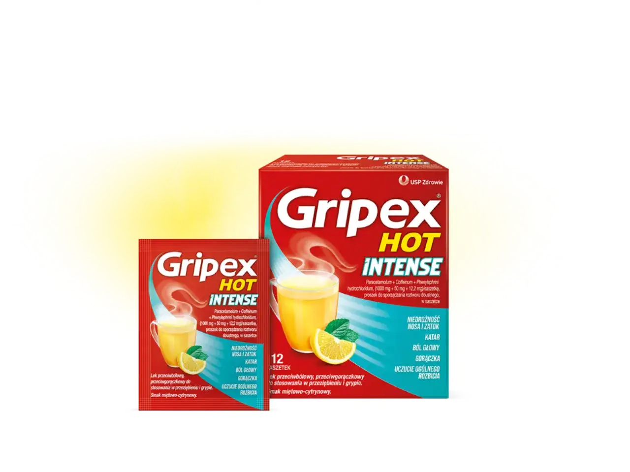 Opakowanie i saszetka leku Gripex Hot Intense z cytryną i parującym napojem.