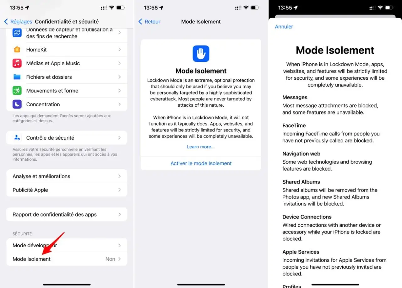 Captures d'écran d'un iPhone montrant les réglages de confidentialité et sécurité, avec une section dédiée au mode Isolement.