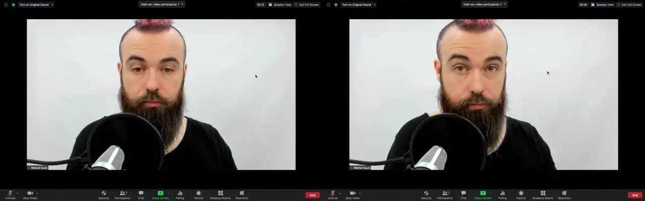 Test kamery: mężczyzna z brodą i różowym irokezem przed mikrofonem, w dwóch oknach.