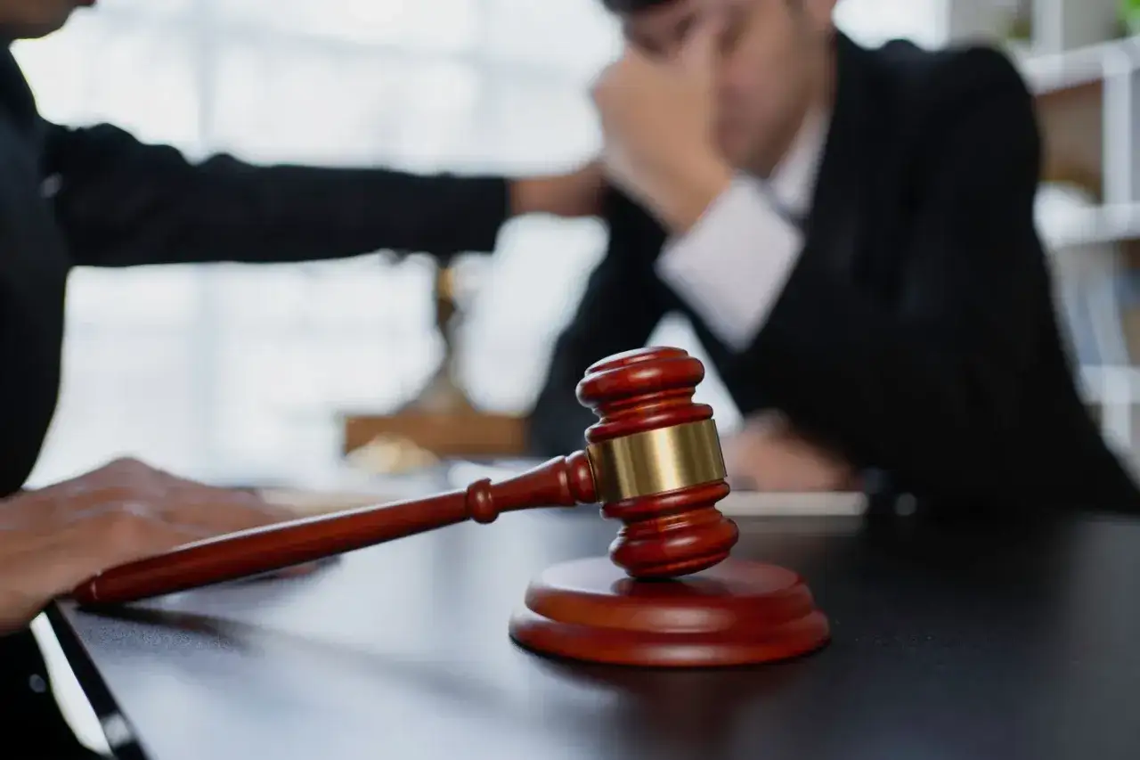 Młotek sędziowski na stole. Dłoń kładzie się na ramieniu zmartwionego mężczyzny, sugerując, że prawa dłużnika ważniejsze niż wierzyciela.