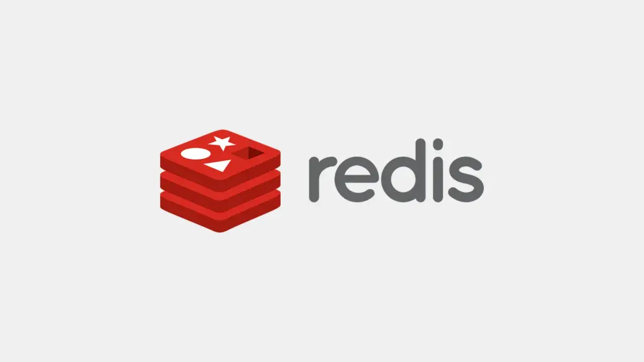 Logo Redis, symbolizujące szybki cache. Czerwone, warstwowe bloki z wyciętymi kształtami obok nazwy.