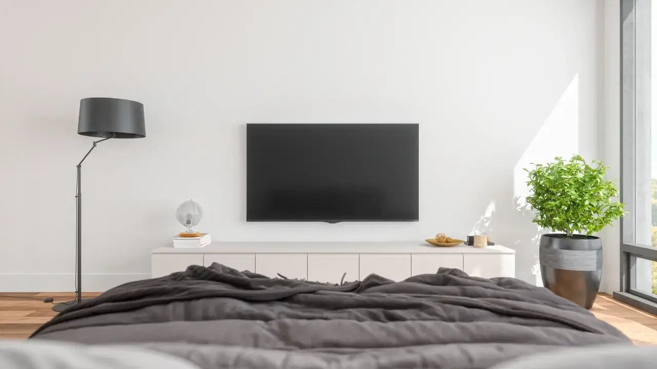 Nowoczesny salon z TV na ścianie, idealna wysokość od podłogi. Obok lampa, komoda z dekoracjami i roślina.