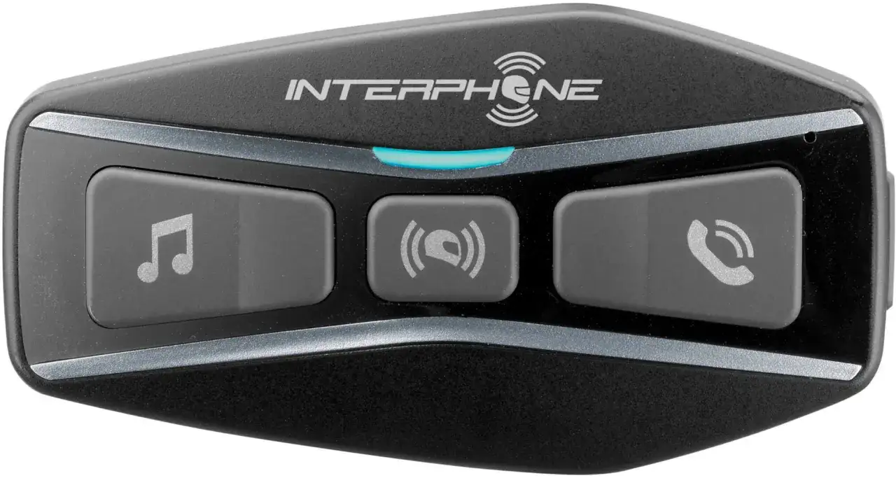 Interkom motocyklowy Interphone z przyciskami muzyki, interkomu i telefonu.