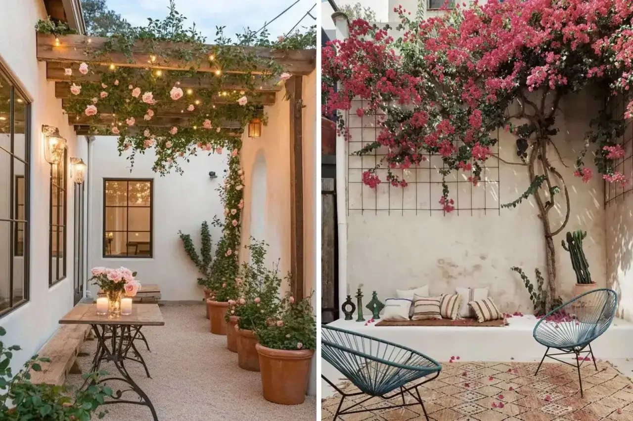Dos patios interiores con encanto: uno con pérgola de rosas y luces, otro con buganvillas vibrantes y asientos acogedores.