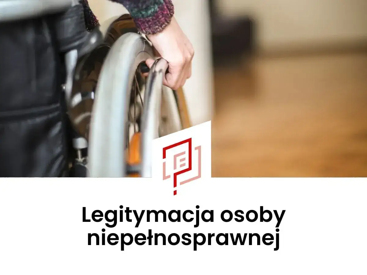 Dłoń chwyta koło wózka inwalidzkiego. Pod spodem napis: "Legitymacja osoby niepełnosprawnej".